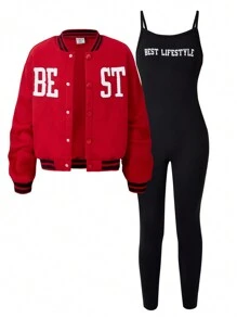 SHEIN Explorewe 2pcs/Set Tween Girl Solid Color Splice Front Button Long Sleeve Simple Blouse And Jumpsuit Set - Red - View 4