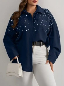 RueChic Cottnline Pearls Beaded Drop Shoulder Shirt - Navy Blue - View 1