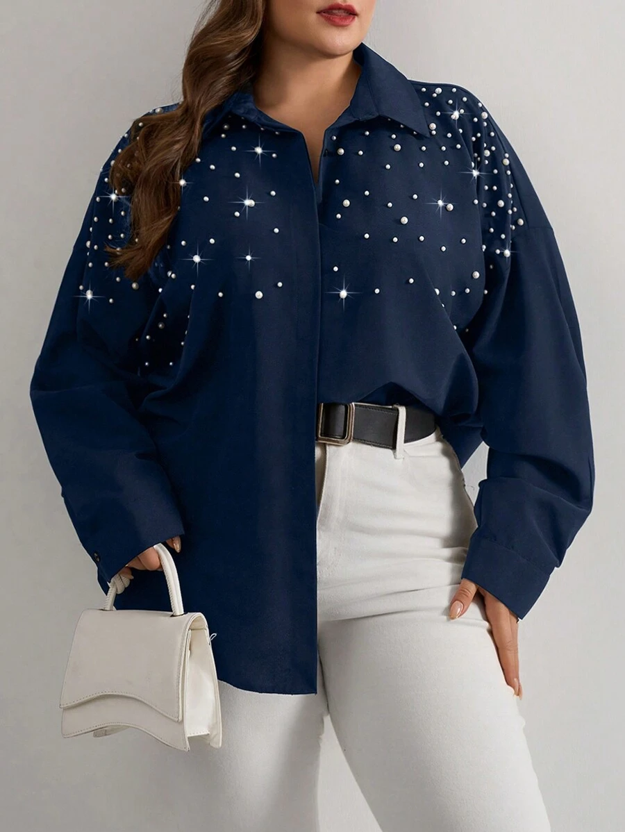 RueChic Cottnline Pearls Beaded Drop Shoulder Shirt - Navy Blue - View 1
