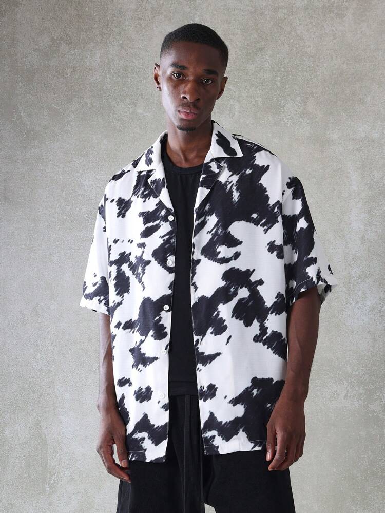 Designer Revere Collar Short Sleeve Abstract Tie-Dye Shirt