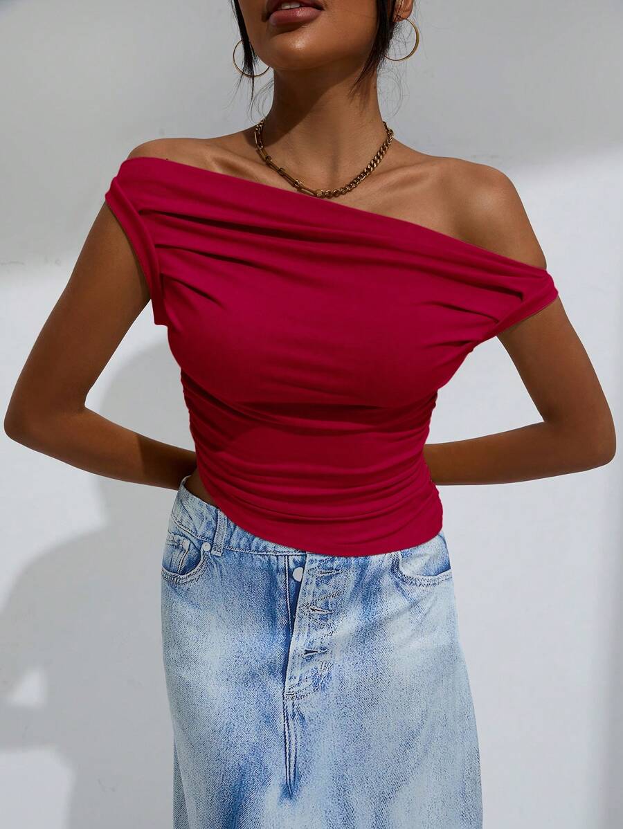 GENKIRA Solid Ruched Side Asymmetrical Neck Crop Red Top - Red - View 1