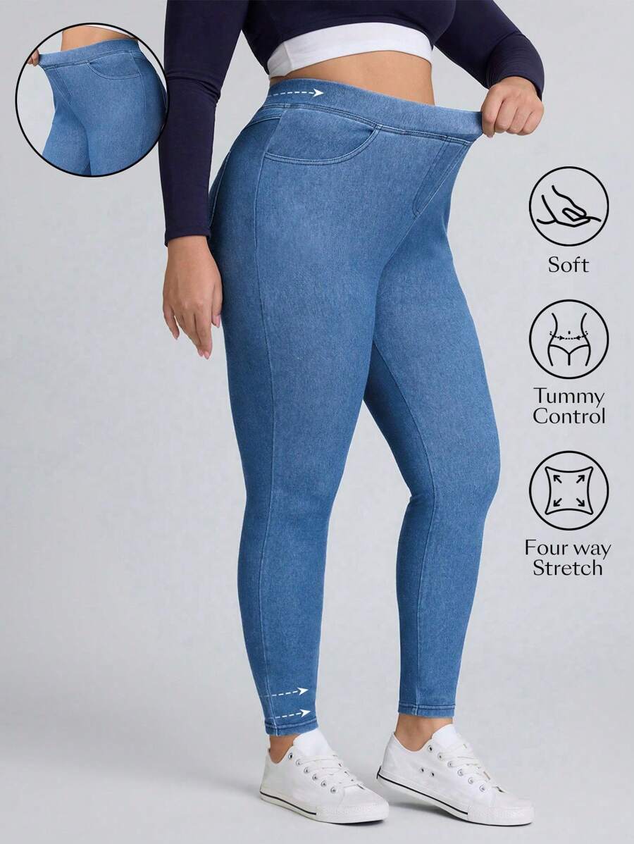 SHEIN Essnce Plus Size Solid Color Stretchy Knit Skinny Jeans, Simple And Fashionable For Casual Daily Wear - Light Wash - View 1