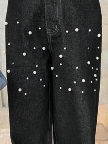 FRIFUL Women's Black Washed Denim Jeans With Pearl Decor, Spring/Summer - Black - View 7