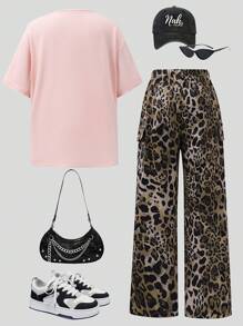 Tween Girls 心形和字母图案短袖上衣和豹纹长裤套装 - 彩色 - 查看 2