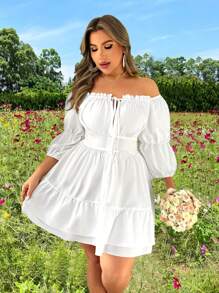 SHEIN LUNE 大码女式优雅露肩系带荷叶边下摆高端新款连衣裙 - 白色 - 查看 7