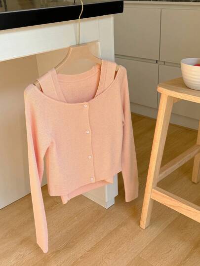 DAZY 2 件套女士圆领无袖开衫和纯色毛衣，粉色假日花朵度假海滩，春/夏/秋