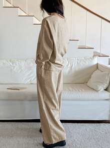 DAZY Simple Loose Knit Trim Loungewear Set Pajama - Khaki - View 2