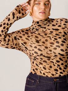 Aralina 曲线豹纹高领弹力网眼上衣 - 咖啡棕 - 查看 5