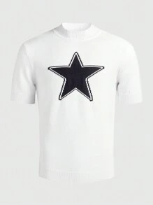 ROMWE MEN Street Life Men's Mock Neck Slim Fit Star Pattern Knitted Sweater - White - View 3