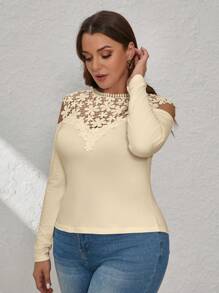 SHEIN Clasi Plus Size Women Contrast Lace Open Shoulder Long Sleeve Elegant T-Shirt,Suitable For Workplace, Afternoon Tea, Date, Concert, Party, Retro College Style - Apricot - View 4