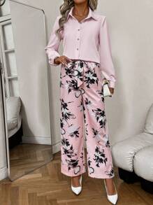 SHEIN Clasi Women 2 Pieces Set Casual Solid Long Sleeve Shirt And Printed Long Pants Outfit Fall Cloth For Women - Pink - View 6