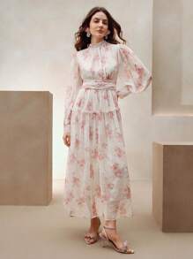 Anewsta Women's Dress With Waist Ruched Chiffon Floral Print, Elegant Style Suitable For Beach, Spring Outfits - Pink - View 4