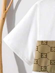 SHEIN Leap Crew 2 Pcs/Set Tween Boy Casual College Colorblock Letter Print Crew Neck T-Shirt And Shorts Set, Suitable For Commuting, School, Daily Casual, Sports, Spring/Summer - Khaki - View 8