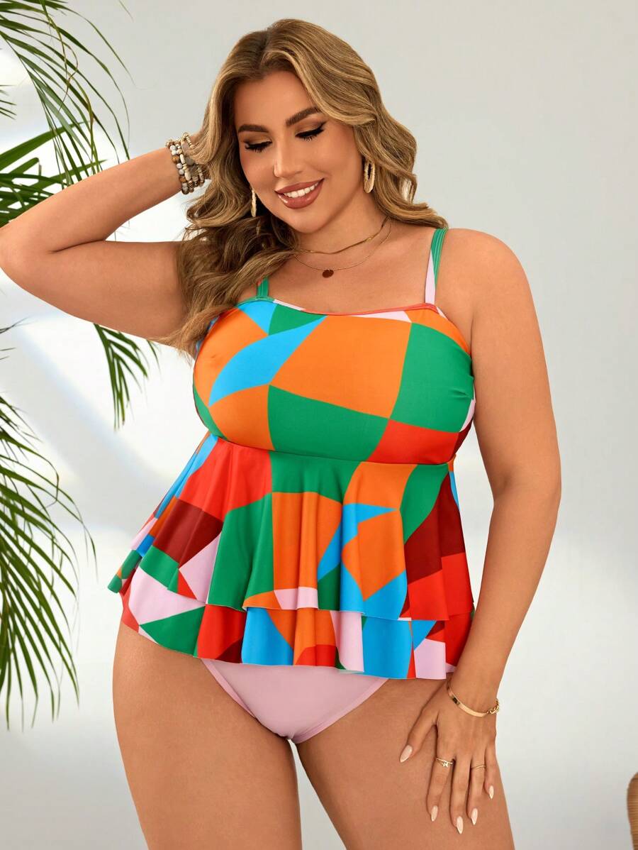 SHEIN Swim Curve Plus Size Women 2pcs Multicolor Halter Neck Casual Resort Pool Beach Bikini Set, For Summer Vacation - Multicolor - View 1