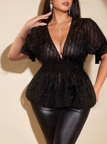 Viva Relle Blusa con escote en V profundo, mangas abullonadas y flecos, de moda y sexy, talla grande