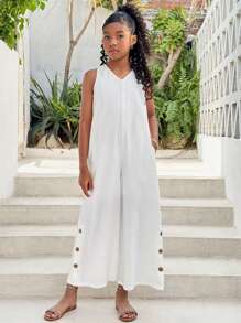 SHEIN Tween Girls Vacation Casual Chic Street Style Solid Color Jumpsuit - White - View 5