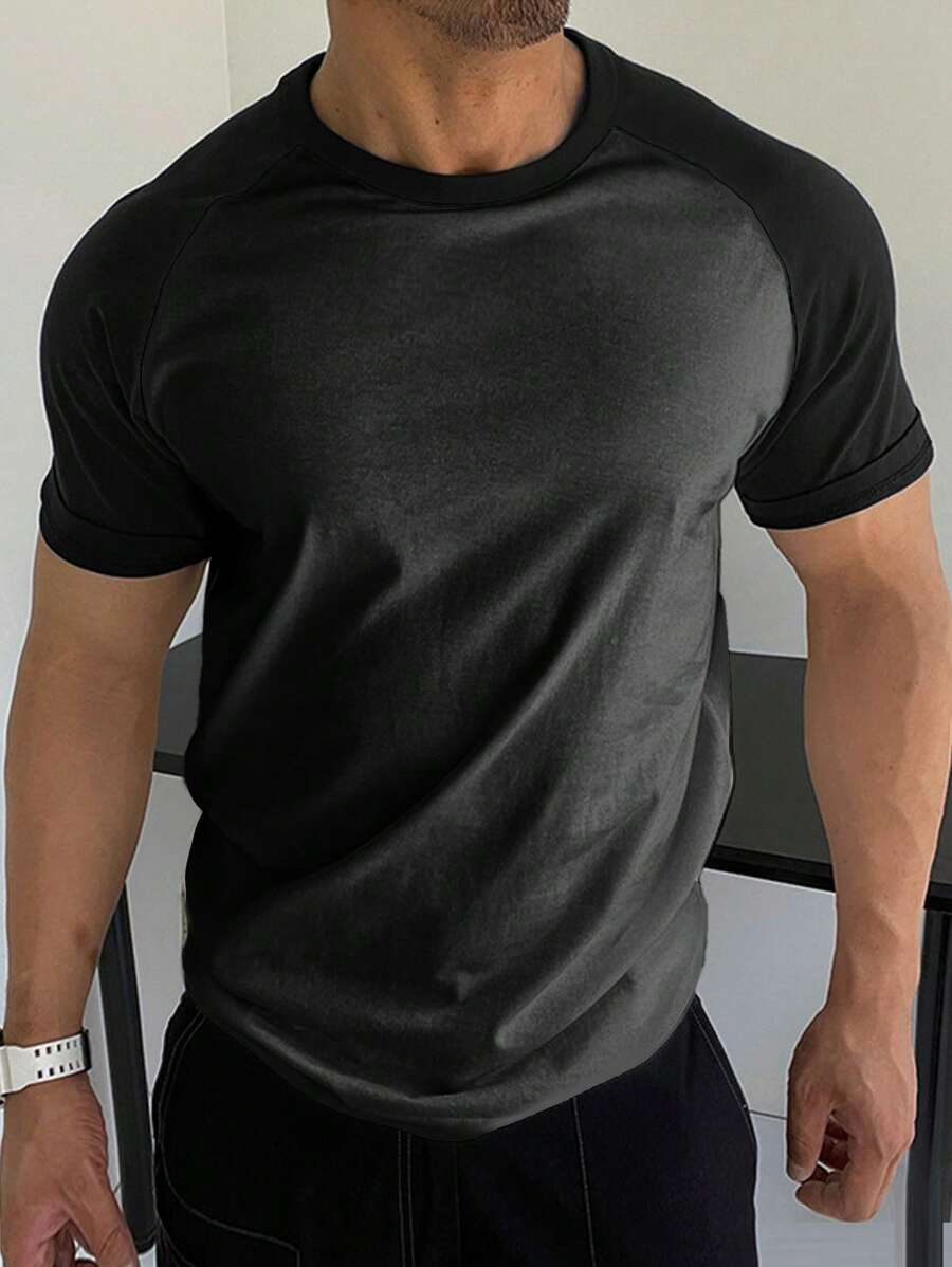 EURMUSE 100%Cotton Men Colorblock Raglan Sleeve Tee - Dark Grey - View 1