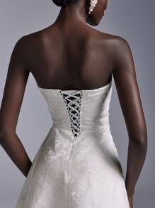 Elitara Elegant Apricot Jacquard Satin Bustier Pleated Waist Asymmetrical Hem Flared A-Line Party Dress, Wedding Guest Dress With Adjustable Back Tie,Cocktail