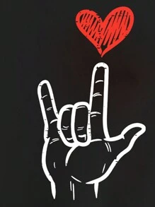 Tween Boy Valentine's Day Casual Simple Hand & Heart Print Basic Crew Neck Short Sleeve T-Shirt - Black - View 4