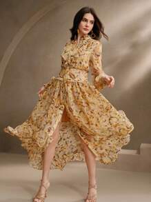 Anewsta Vestito da donna elegante per vacanze, appuntamenti romantici, festa, con colletto alto, maniche a lanterna, balze all'orlo, motivo floreale ditsy, abiti primaverili per donna