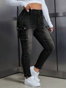 SHEIN ICON Plus Size Casual Washed Slim Fit Cargo Jeans