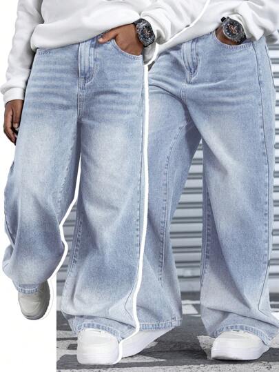 SHEIN Teenager Jungen Mode Lässig Vintage Design Verwaschen Wasser Blau Locker Gerade Bein Jeans Jungen Cooles Outfit/Jungen Thanksgiving Outfit Für Jungen Kostüm Alltagskleidung Und Herbst/Winter Teenager Jungen Kleidung