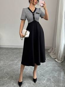 Selianne Váy chữ A tay ngắn cạp cao bằng vải tuýt màu tương phản màu đen, váy thanh lịch và trang trọng dành cho nữ - màu đen - Xem 1