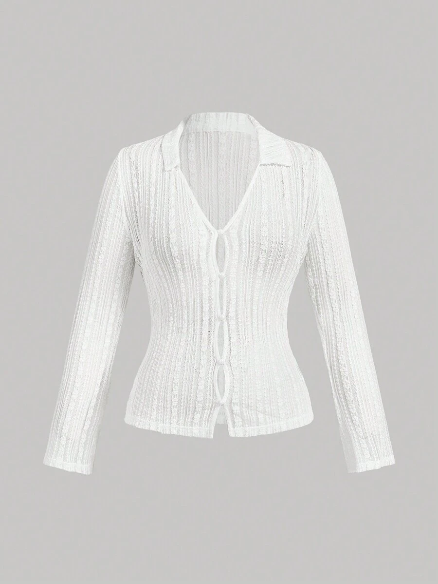 SHEIN MOD Plus Size Romantic Lace See-Through Long Sleeve Top - Beige - View 1