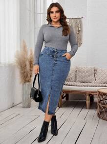 EMERY ROSE 大码女式口袋开衩下摆中长款铅笔牛仔半身裙 - 中等水洗藍 - 查看 1