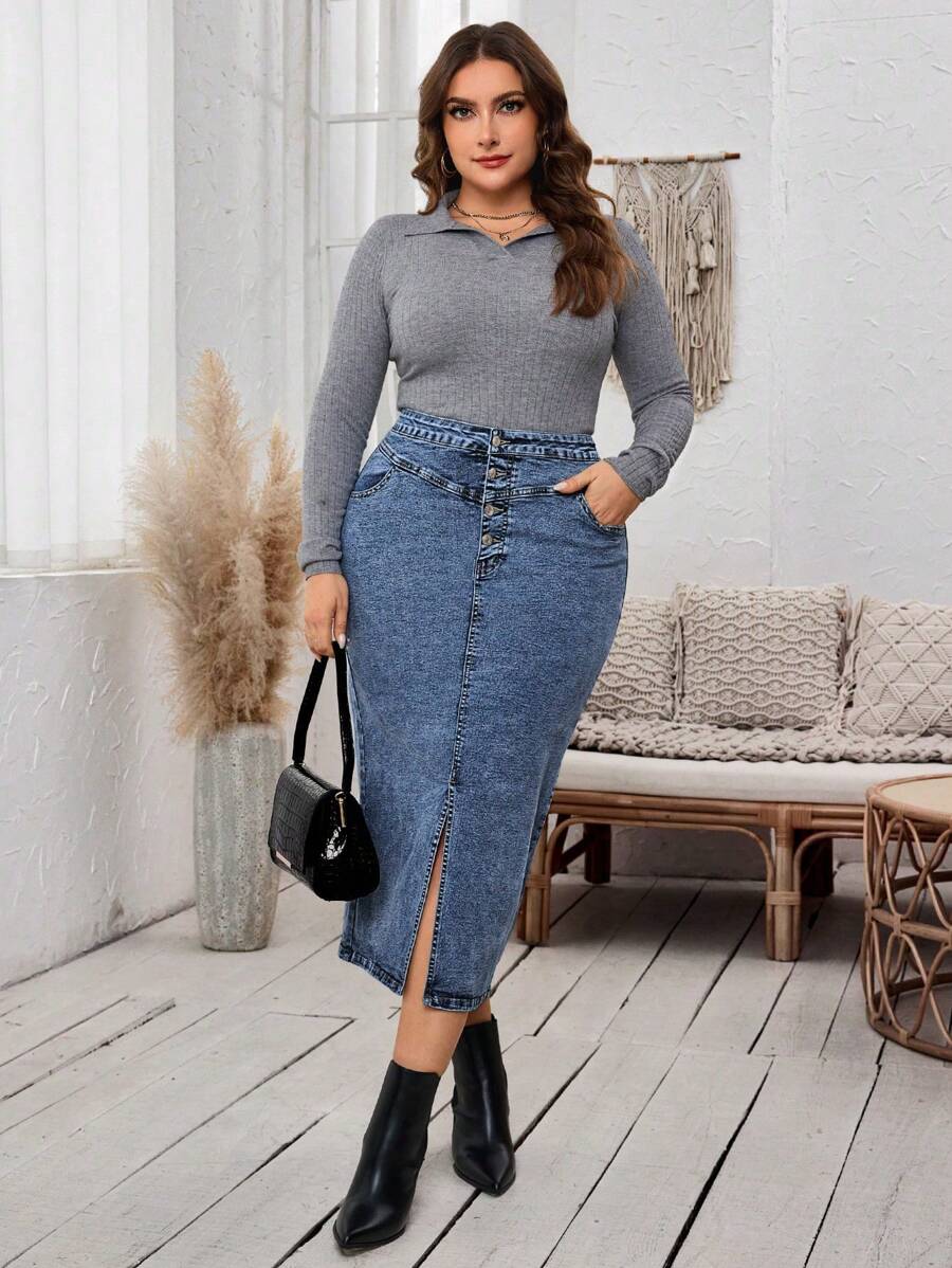 EMERY ROSE 大码女式口袋开衩下摆中长款铅笔牛仔半身裙 - 中等水洗藍 - 查看 1