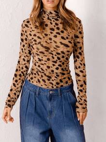 Aralina Leopard Print High Neck Stretchy Mesh Top
