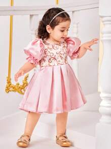 SHEIN Babygirl Adorable Pink Ruffled Summer Bubble Short Sleeve Dress - Pink - View 1