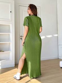 SHEIN EZwear Green Pleated Long Dress For Plus Sizes, Short Sleeve,St Patrick Day,Spring Summer Clothes - Green - View 2