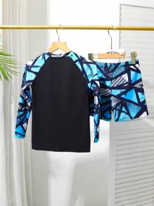 Tween Boy Letter & Geometric Print Raglan Long Sleeve Top And Shorts Swimsuit Set - Multicolor - View 2