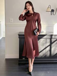 DAZY Elegant Round Neck Ruched Waist Fishtail Dress For Women, Fall Dress Long Sleeve Dress Red Women Dress - Burgundy - View 2