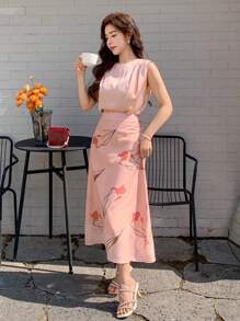 DAZY 2 pièces Femmes Ensemble chemise sans manches plissée de couleur unie avec nœud et jupe imprimée florale