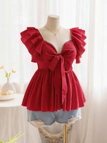 Soleia 大码女式荷叶边饰前系带蝴蝶结盖袖修身 A 字休闲条纹上衣，适合返校时穿着