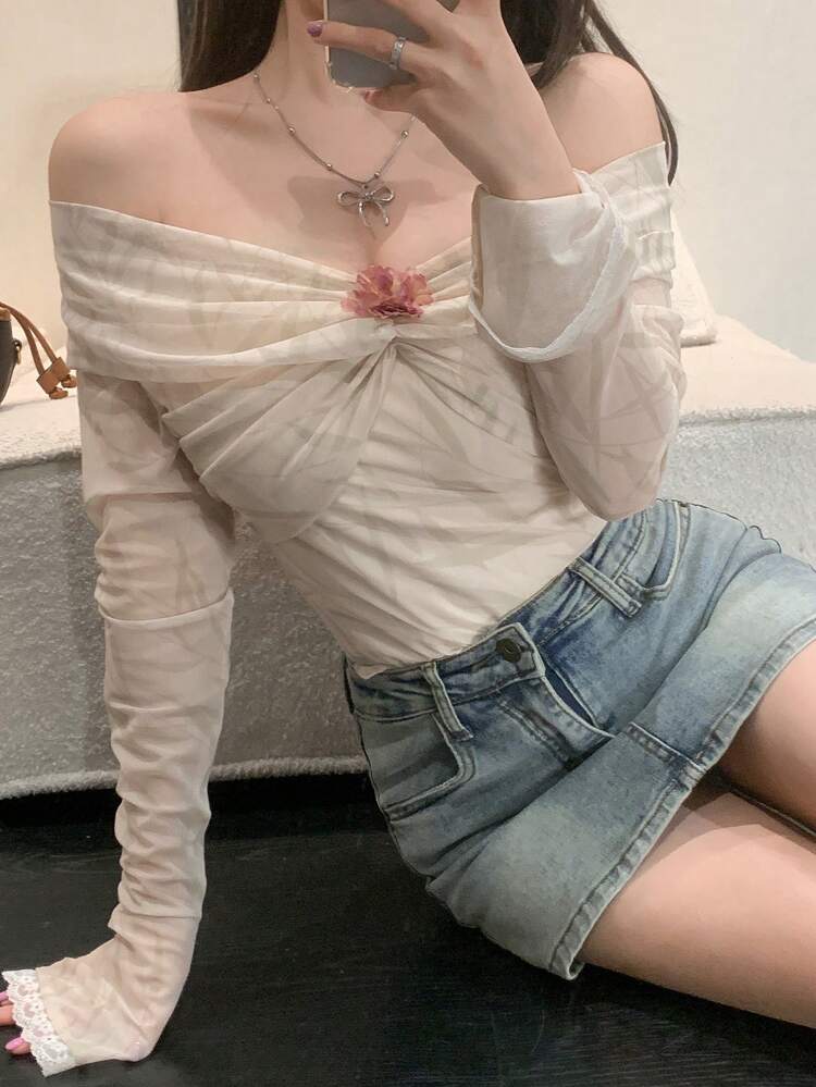 Floral Print Lace Off Shoulder Blouse With Ruffle Sleeves Long Sleeve Women Tops,Fall Women Clothes