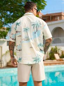 Manfinity RSRT 男士度假植物印花短袖衬衫和纯色短裤两件套，夏季休闲装，海滩，图案，度假，丈夫，色彩鲜艳