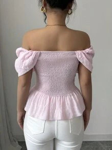 Chiquease Damen Prinzessin einfarbig Off-Shoulder, süßes, sexy, einfaches, lässiges Hemd für den täglichen Gebrauch, schlank geschnitten, tailliert, mit Rüschen, 2025 Sommer neue Bluse - Pink - Übersicht 2