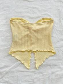 SHEIN PETITE Women's Holiday Goose Yellow Knitted Texture Tube Top With Mid-Front Knotted Slit And Wave Edge Slim Fit Top Afternoon Tea Street Vacation Autumn And Winter Wear Inside And Outside Party