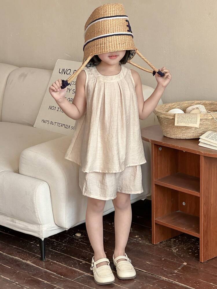 2pcs/Set Young Girl Solid Color Round Neck Pleated Vest And Shorts,Girls Summer Outfits Vacation