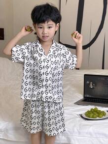 DAZY Young Boy Front Button Short Sleeve All-Over Print Simple Top And Shorts Pajama Set - White - View 3