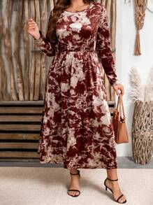 SHEIN Plus Size Velour Floral Waisted Mid-Length Casual Regular Dress, Autumn/Winter Fall Cloth For Women - Multicolor - View 5