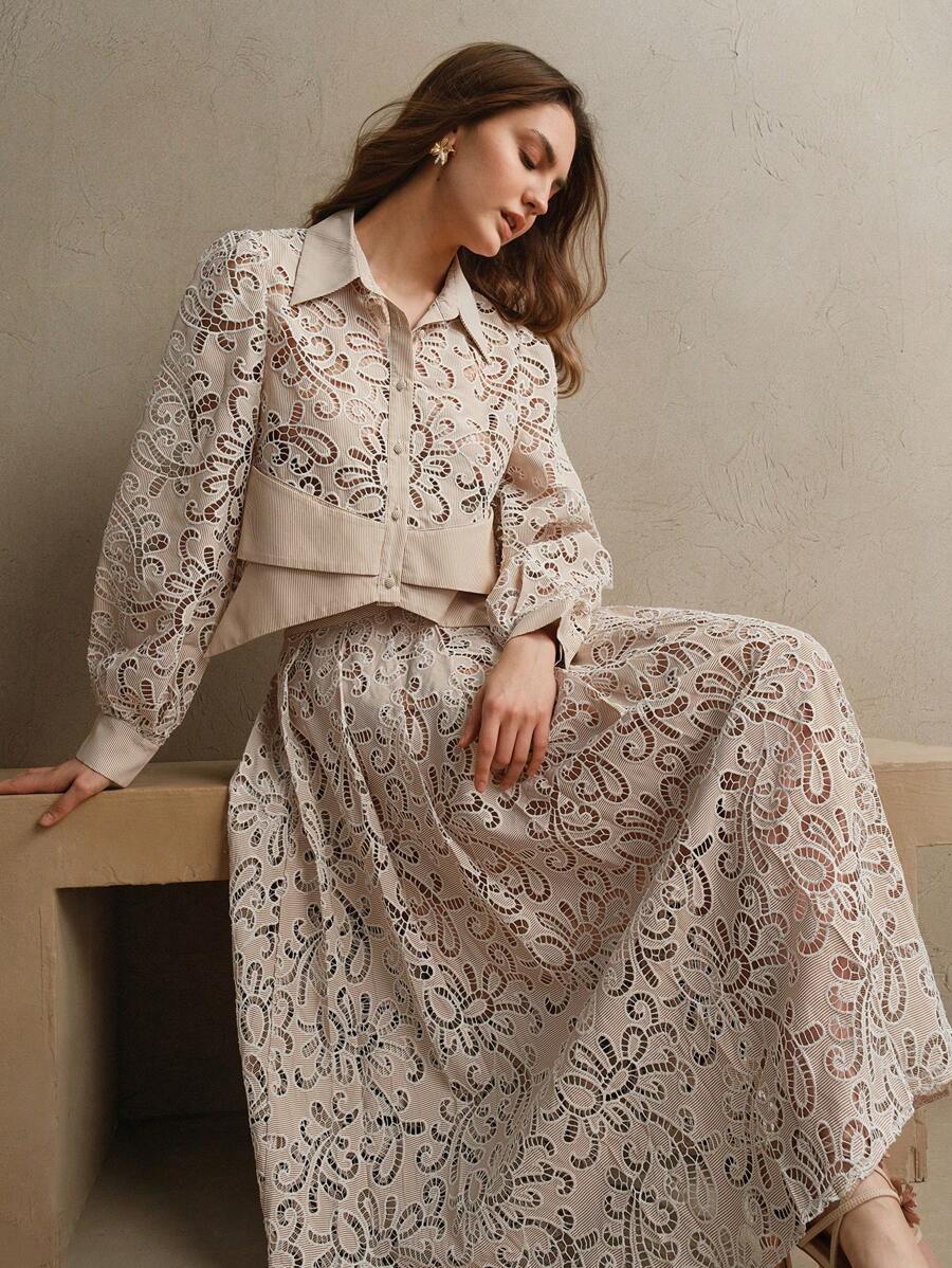 Anewsta Women Elegant Hollow Embroidered Long Sleeve Turndown Collar Striped Blouse & Skirt 2 Pieces Set, Boho Outfits For Spring/Summer - Coffee Brown - View 1