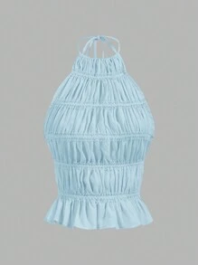 Aloruh Women's Neck-Tie Adjustable Ruched Multi-Layer Semi-Sheer Romantic Date Cropped Camisole - Blue - View 8
