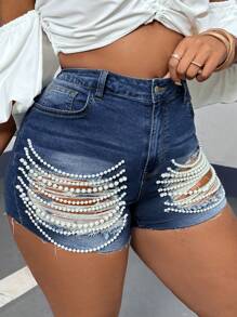 Slaydiva Plus Size Skinny Stretch Ripped Distressed Denim Shorts, Blue - Medium Wash - View 4