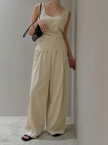 DAZY Set de 2 piezas con top tipo camiseta con lazo y pantalones de pierna ancha, conjunto de ropa de descanso para mujer para primavera, verano y otoño - Albaricoque - Ver 3