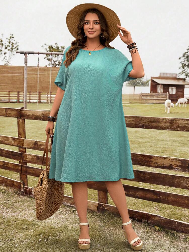 Plus Size Women's Solid Color Textured Casual Vacation Dress,Western Wear Women,Green Holiday Decor,Saint Patrick's Day,Summer Dress,Vacation Outfits Woman