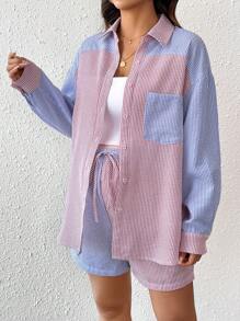 SHEIN 2 pièces/Set Ensemble Chemise à rayures de maternité et short droit avec nœud décoratif réglable, automne/printemps